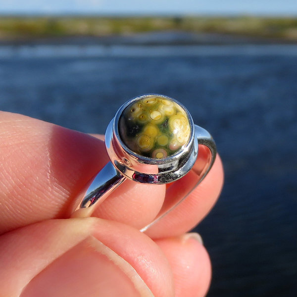Ocean Jasper Ring Size 7, Spotty Round Cabochon, 925 Sterling Silver