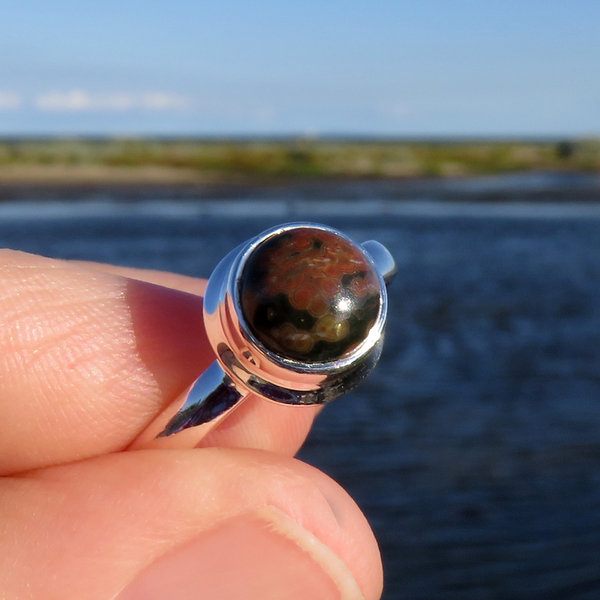 Ocean Jasper Ring Size 9, Pink & Black Gemstone, 925 Sterling Silver