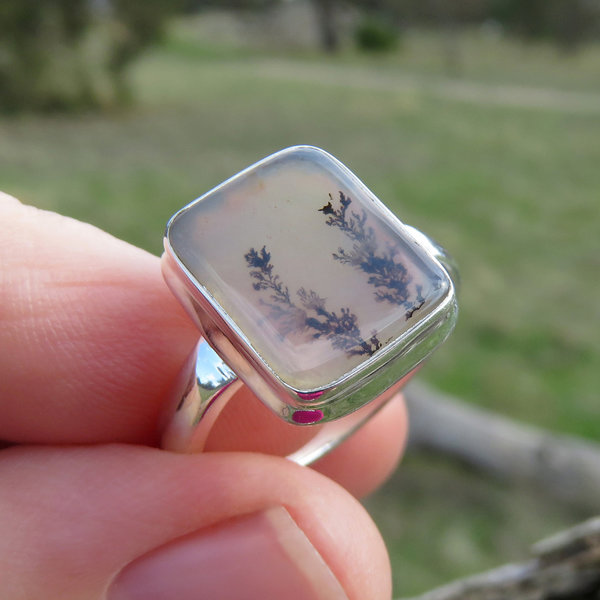 Dendritic Agate Ring Size 8, Scenic Oblong Gemstone, 925 Sterling Silver