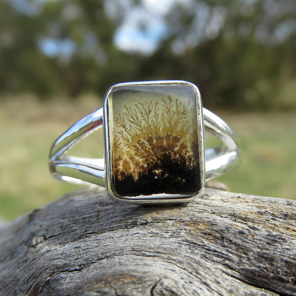 Dendritic Agate Ring Size 8, Scenic Rectangle Cabochon, 925 Sterling Silver 