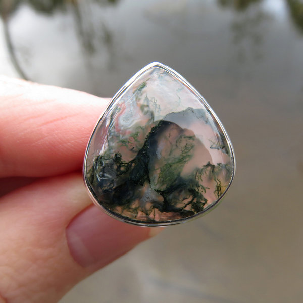 Moss Agate Ring Size 8, Large Teardrop Gemstone, 925 Sterling Silver
