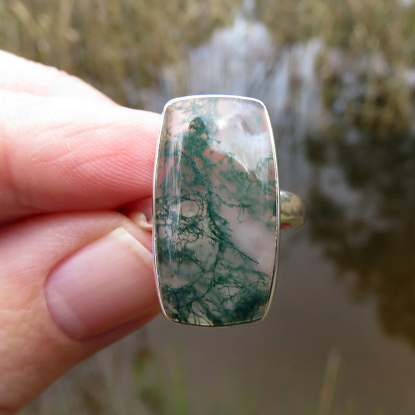 Moss Agate Ring Size 8.5, Rectangle Gemstone, 925 Sterling Silver