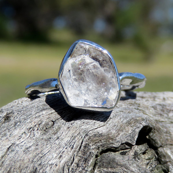 Herkimer Diamond Ring Size 7 O 55 Hammered 925 Sterling Silver